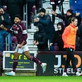 On loan Everton striker Ellis Simms laps up the applause of fans after scoring Hearts' second goal in the 2-0 win v Motherwell (Photo by Ross Parker / SNS Group)