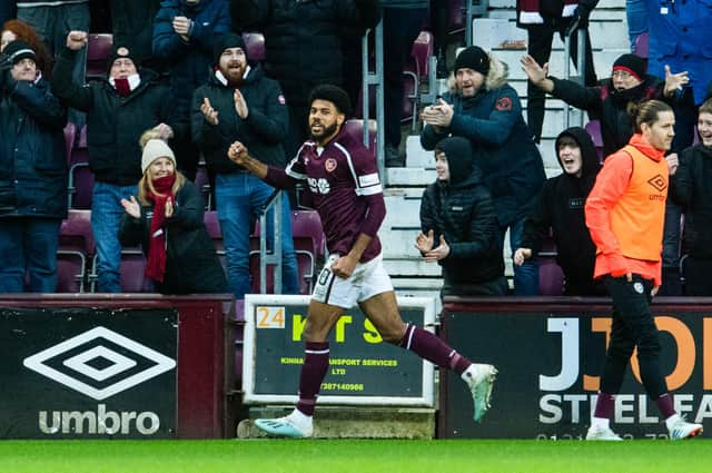 On loan Everton striker Ellis Simms laps up the applause of fans after scoring Hearts' second goal in the 2-0 win v Motherwell (Photo by Ross Parker / SNS Group)