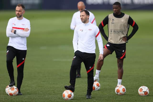 RB Leipzig head coach Domenico Tedesco takes training ahead of the Europa League semi-final first leg against Rangers. (Photo by Martin Rose/Getty Images)