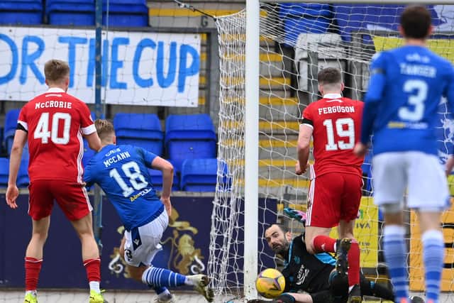 Aberdeen goalkeeper Joe Lewis makes an important late block to deny Ali McCann in Saturday's 1-0 win over St Johnstone in Perth (Photo by Paul Devlin / SNS Group)
