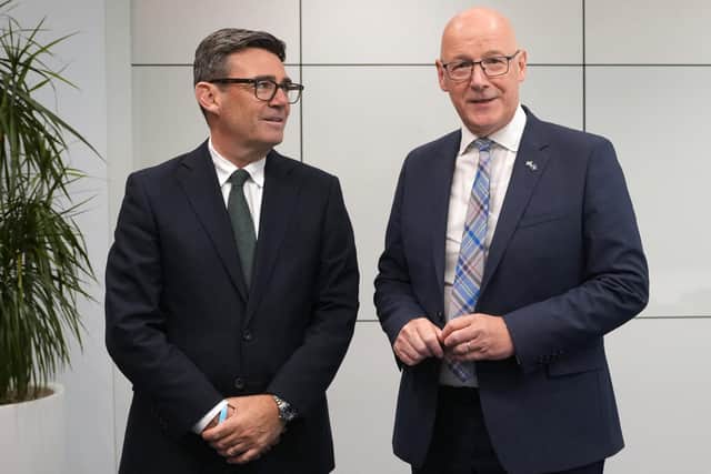 Andy Burnham told John Swinney a second independence referendum was 'off limits' when they met in Glasgow on Thursday (Picture: Alastair Grant/POOL/ AFP via Getty)