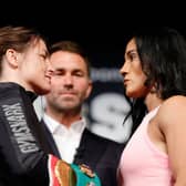 Katie Taylor of Ireland and Amanda Serrano of Puerto Rico face off during a press conference prior to their World Lightweight Title fight at The Hulu Theater at Madison Square Garden. Photo: Sarah Stier/Getty Images.