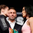 Katie Taylor of Ireland and Amanda Serrano of Puerto Rico face off during a press conference prior to their World Lightweight Title fight at The Hulu Theater at Madison Square Garden. Photo: Sarah Stier/Getty Images.