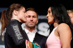 Katie Taylor of Ireland and Amanda Serrano of Puerto Rico face off during a press conference prior to their World Lightweight Title fight at The Hulu Theater at Madison Square Garden. Photo: Sarah Stier/Getty Images.