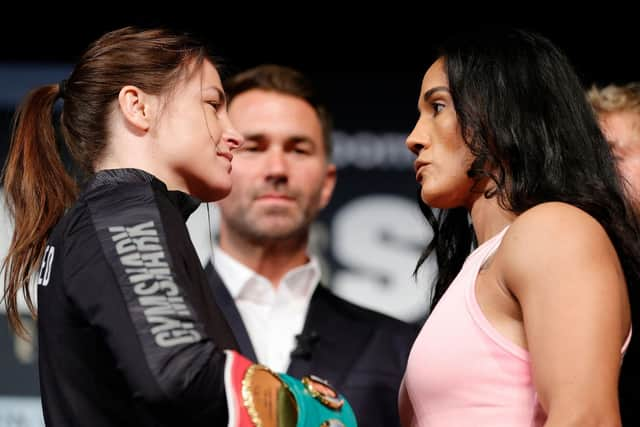 Katie Taylor of Ireland and Amanda Serrano of Puerto Rico face off during a press conference prior to their World Lightweight Title fight at The Hulu Theater at Madison Square Garden. Photo: Sarah Stier/Getty Images.