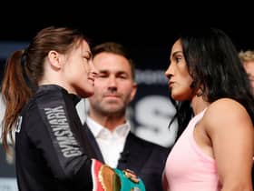 Katie Taylor of Ireland and Amanda Serrano of Puerto Rico face off during a press conference prior to their World Lightweight Title fight at The Hulu Theater at Madison Square Garden. Photo: Sarah Stier/Getty Images.
