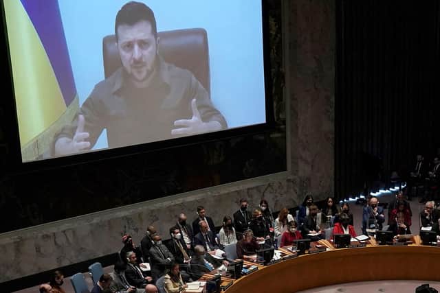 President Volodymyr Zelensky, of Ukraine, addresses a meeting of the United Nations Security Council in New York