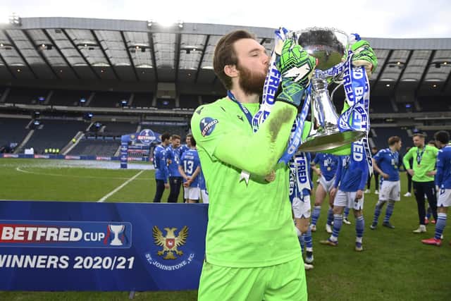 Zander Clark celebrates winning the Betfred Cup with St Johnstone in front of an empty Hampden in 2021. (Photo by Rob Casey / SNS Group)