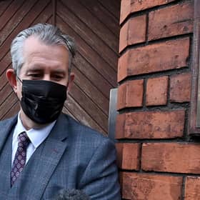 Leader of the DUP Edwin Poots leaves the DUP headquarters after meeting of the party officers with rumoured vote of no confidence on June 17, 2021 in Belfast, Northern Ireland. (Photo by Charles McQuillan/Getty Images)