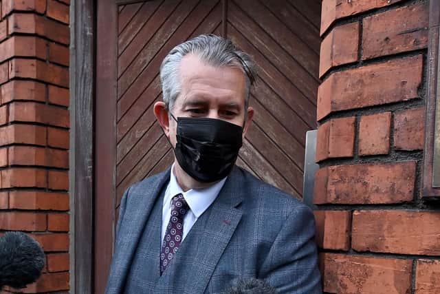 Leader of the DUP Edwin Poots leaves the DUP headquarters after meeting of the party officers with rumoured vote of no confidence on June 17, 2021 in Belfast, Northern Ireland. (Photo by Charles McQuillan/Getty Images)