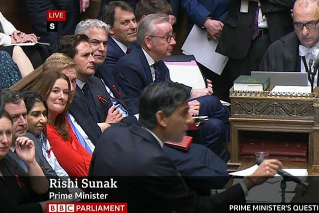 Prime Minister Rishi Sunak addresses the House of Commons with levelling-up secretary Michael Gove looking on. Picture: BBC Parliament