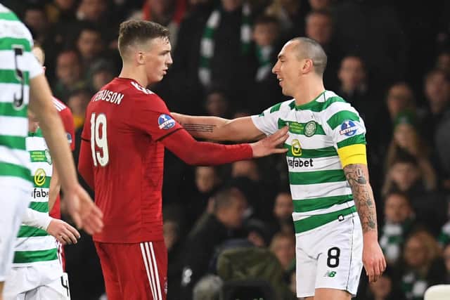 Celtic's Scott Brown noises up Aberdeen's Lewis Ferguson at the 2018 League Cup final - one of many such teasing moments the long-time pivotal Parkhead figure has indulged in against a Pittodrie side it has been reported he could join in the summer. (Photo by Craig Foy/SNS Group).