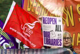 Banners from protesters outside the Scottish Parliament calling for libraries to be reopened in September. Picture: Lisa Ferguson/JPIMedia





SAVE OUR LIBRARIES  PROTEST AT THE SCOTTISH PARLIAMENT