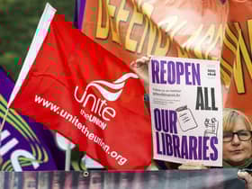 Banners from protesters outside the Scottish Parliament calling for libraries to be reopened in September. Picture: Lisa Ferguson/JPIMedia





SAVE OUR LIBRARIES  PROTEST AT THE SCOTTISH PARLIAMENT
