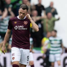 Hearts' Lawrence Shankland looks dejected after Celtic make it 2-0 at Tynecastle.