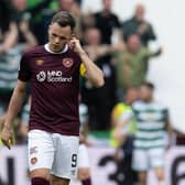Hearts' Lawrence Shankland looks dejected after Celtic make it 2-0 at Tynecastle.