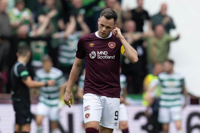 Hearts' Lawrence Shankland looks dejected after Celtic make it 2-0 at Tynecastle.