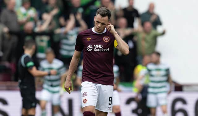 Hearts' Lawrence Shankland looks dejected after Celtic make it 2-0 at Tynecastle.