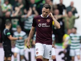 Hearts' Lawrence Shankland looks dejected after Celtic make it 2-0 at Tynecastle.
