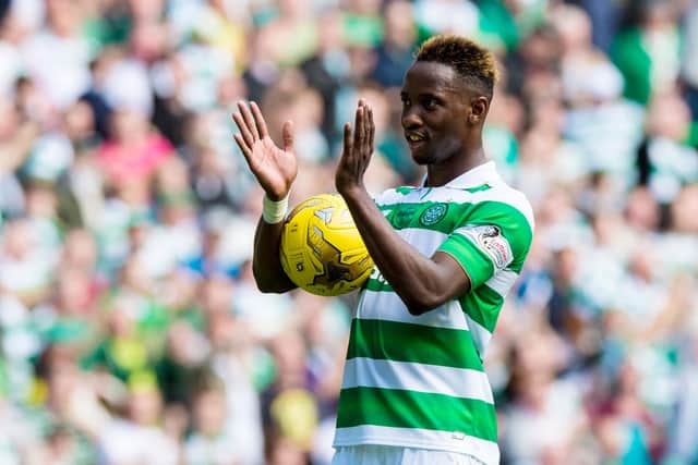 Celtic's Moussa Dembele with the match ball in September 2016 after scoring the first hat-trick in a league derby for 51 years (Pic: SNS, Sammy Turner)