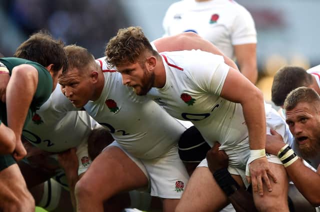 Alec Hepburn, playing for England, prepares to scrummage against South Africa at Twickenham in 2018. Hepburn was capped six times by England but is now part of Scotland's Six Nations squad.  (Photo: Patrick Khachfe/JMP/Shutterstock)