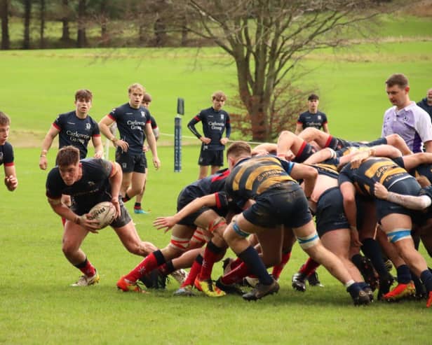 Hat-trick try scorer Tom Currie, on the ball, helped Merchiston Castle defeat Strathallan on Saturday