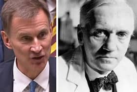 Chancellor Jeremy Hunt and Alexander Fleming. (Photos by BBC/Parliament/Topical Press Agency/Getty Images)