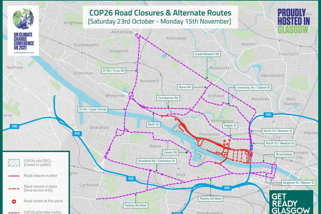 The Clydeside Expressway and surrounding closed roads are shown in red with alternative routes in purple. Picture: GetReadyGlasgow