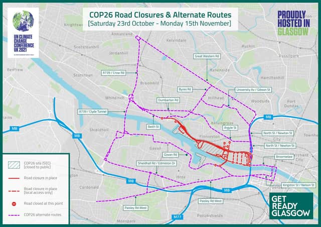 The Clydeside Expressway and surrounding closed roads are shown in red with alternative routes in purple. Picture: GetReadyGlasgow