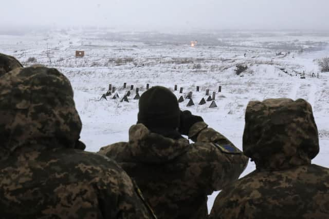 Ukrainian Military Forces servicemen attend a military drill with Next generation Light Anti-tank Weapon Swedish-British anti-aircraft missile launchers at the firing ground of the International Center for Peacekeeping and Security, near the western Ukrainian city of Lviv.