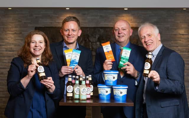 (left to right) Claire Rennie of Summerhouse Drinks, Stuart Common of Mackie’s of Scotland, Alistair Reid from Aberdeenshire Council and Peter Cook of Opportunity North East are encouraging food and drink manufacturers and producers to maximise the market development opportunities in the revamped North East Scotland Food & Drink Awards.