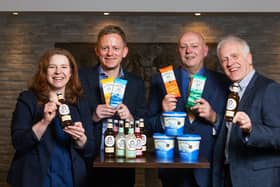 (left to right) Claire Rennie of Summerhouse Drinks, Stuart Common of Mackie’s of Scotland, Alistair Reid from Aberdeenshire Council and Peter Cook of Opportunity North East are encouraging food and drink manufacturers and producers to maximise the market development opportunities in the revamped North East Scotland Food & Drink Awards.