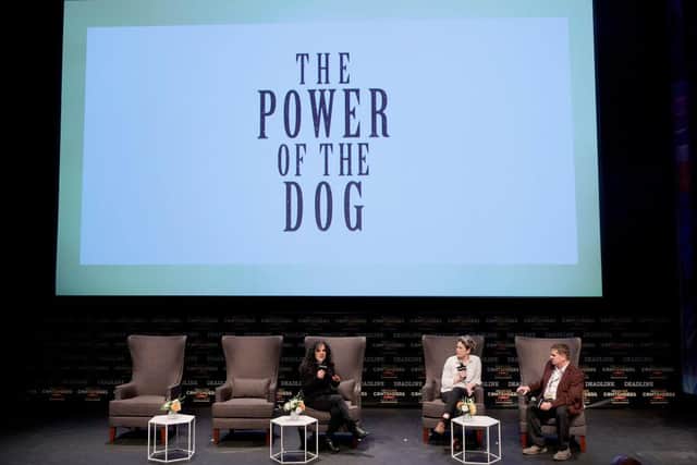 Producer Tanya Seghatchian, Cinematographer Ari Wegner, and Moderator Anthony D'Alessandro speak onstage during Netflix's "The Power of the Dog" panel during Deadline Contenders Film: New York on December 04, 2021 in New York City. (Photo by Michael Loccisano/Getty Images for Deadline)