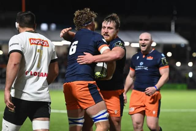 Jamie Ritchie (6) celebrates his try with Angus Williams against CA Brive. (Photo by Paul Devlin / SNS Group)