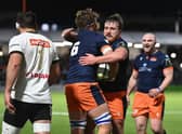 Jamie Ritchie (6) celebrates his try with Angus Williams against CA Brive. (Photo by Paul Devlin / SNS Group)