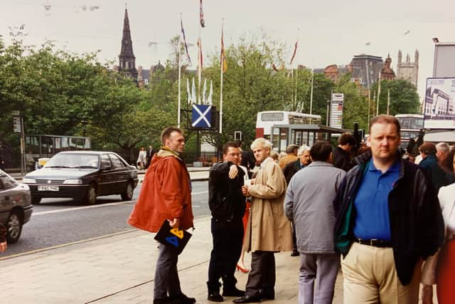 Danny Boyle and Jonny Lee Miller on Princes Street.