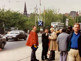 Danny Boyle and Jonny Lee Miller on Princes Street.