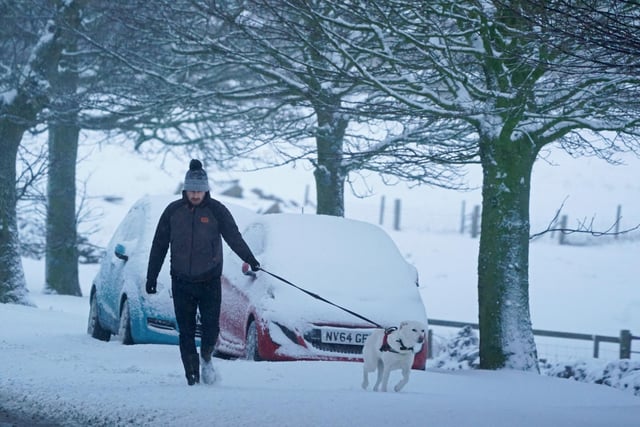 A man walks his dog in Tow Law, Co Durham