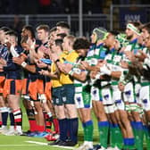 Edinburgh and Benetton players line up for a minute's applause in memory of Siobhan Cattigan, the Scotland Women's international whose death at 26 was announced this week.  (Photo by Paul Devlin / SNS Group)