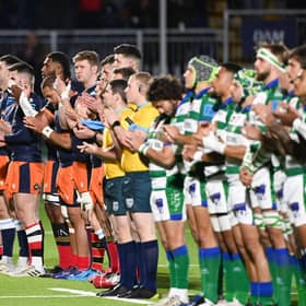 Edinburgh and Benetton players line up for a minute's applause in memory of Siobhan Cattigan, the Scotland Women's international whose death at 26 was announced this week.  (Photo by Paul Devlin / SNS Group)