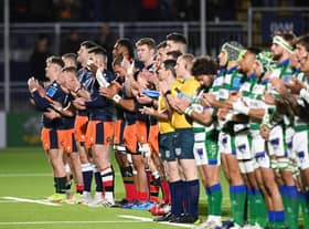Edinburgh and Benetton players line up for a minute's applause in memory of Siobhan Cattigan, the Scotland Women's international whose death at 26 was announced this week.  (Photo by Paul Devlin / SNS Group)