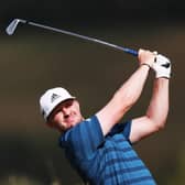 Connor Syme tees off on the 17th hole during the first round of the Cazoo Open at Celtic Manor Resort in Newport. Picture: Warren Little/Getty Images.