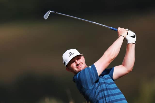 Connor Syme tees off on the 17th hole during the first round of the Cazoo Open at Celtic Manor Resort in Newport. Picture: Warren Little/Getty Images.