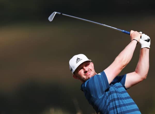 Connor Syme tees off on the 17th hole during the first round of the Cazoo Open at Celtic Manor Resort in Newport. Picture: Warren Little/Getty Images.