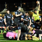 Glasgow Warriors' Lucio Sordoni scores a try during the win over Cardiff at Scotstoun Stadium. (Photo by Ross MacDonald / SNS Group)