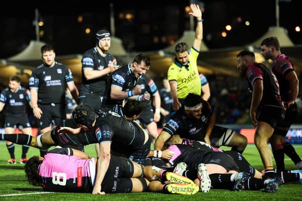 Glasgow Warriors' Lucio Sordoni scores a try during the win over Cardiff at Scotstoun Stadium. (Photo by Ross MacDonald / SNS Group)