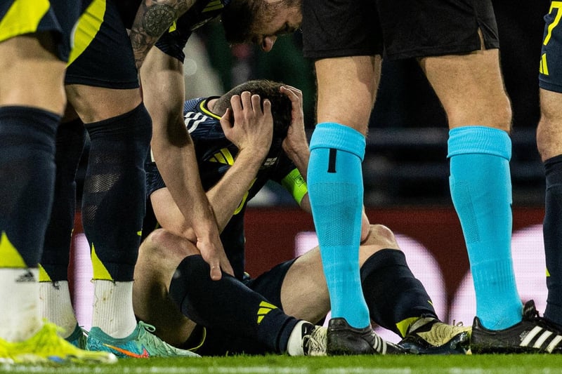 The Scotland captain's evening ended prematurely due to an ankle injury following a Trai Hume tackle. The Liverpool left-back looked disconsolate coming off on 36 minutes and his fitness will be a concern to both club and country. Lewis Ferguson replaced him as Scotland switched to a back four. n/a