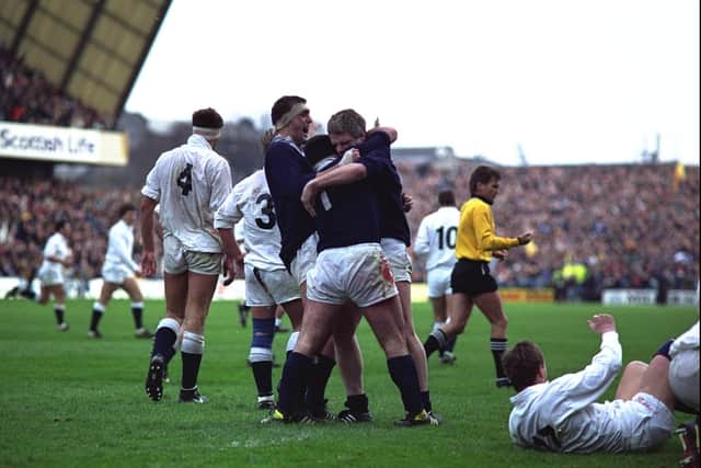 Scotland's Chris Gray, David Sole and Finlay Calder the 13-7 win over England at Murrayfield in 1990. Picture: David Cannon/Allsport/Getty Images