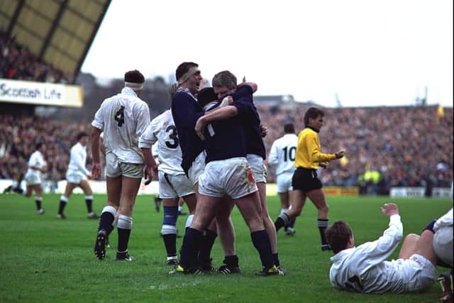 Scotland's Chris Gray, David Sole and Finlay Calder the 13-7 win over England at Murrayfield in 1990.  Picture: David Cannon/Allsport/Getty Images