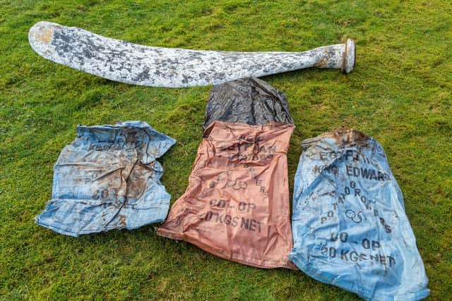 A propeller thought to be from a Second World War plane that has been found wrapped in potato sacks in a peat bog, sparking an investigation. Picture: National Trust for Scotland/PA Wire